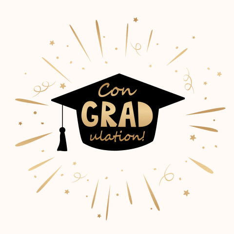 Congradulation goudlook wenskaart geslaagd met hoedje