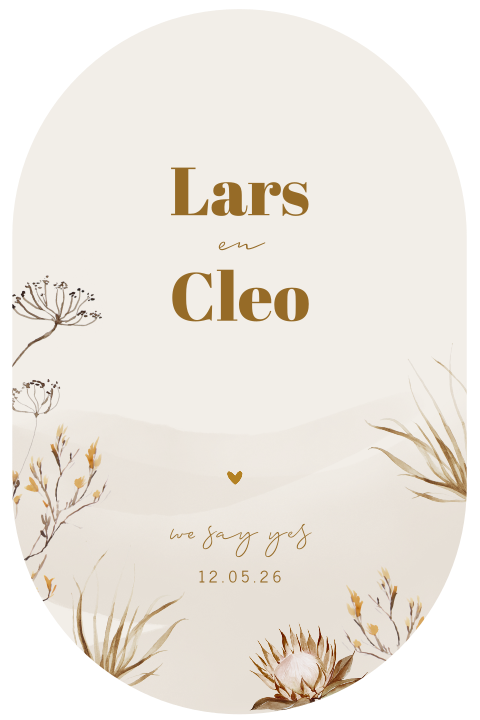 Trouwkaart in ovale vorm met droogbloemen en aquarel