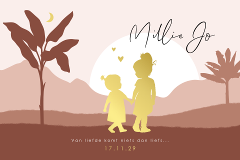 Silhouet meisjes geboortekaartje voor een zusje met landschap en folie