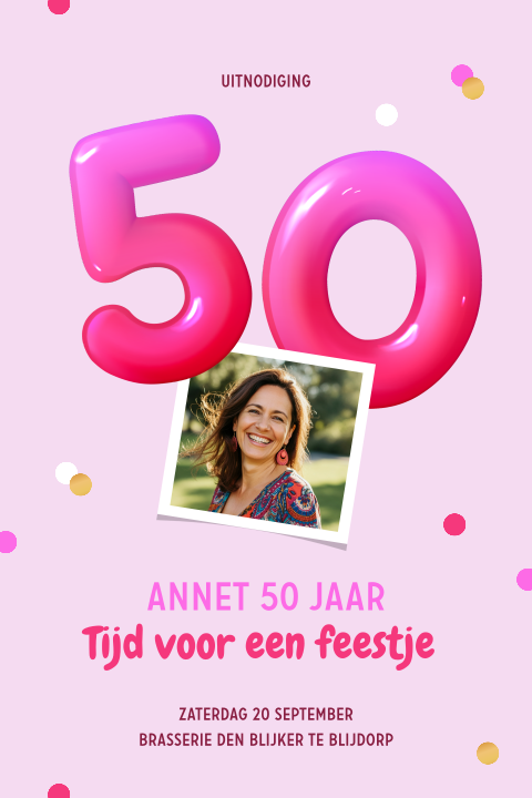 Kleurrijke Sarah 50 jaar uitnodiging met foto en cijfer ballon