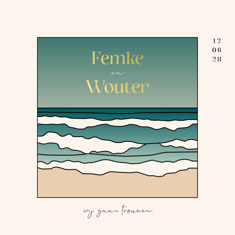 Abstracte trouwkaart met strand, oceaan en goudfolie