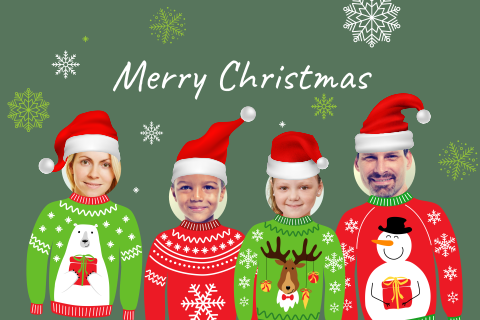 Kerstkaart met kersttrui, kerstmuts en eigen foto