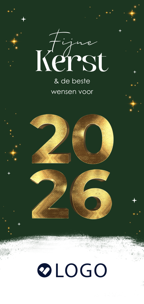 Zakelijke kerstkaart 2026 met goudlook sparkles en logo