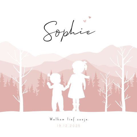 Winter silhouet kaartje met 2 zusjes in de sneeuw