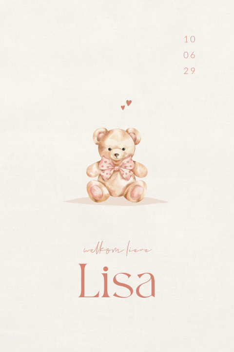 Geboortekaartje voor een meisje met aquarel teddybeer met strik
