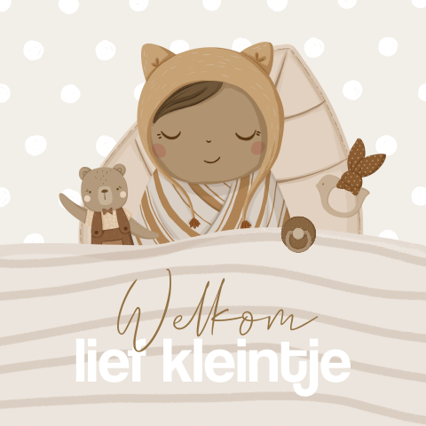 Geboorte zoon felicitatiekaart kindje in bed met knuffels