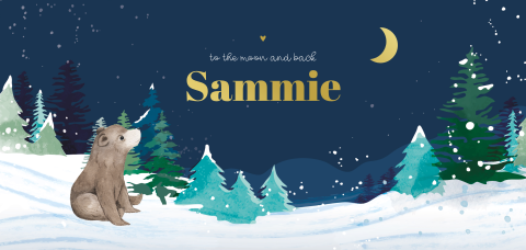 Winter geboortekaartje jongen met sneeuw, beertje en foliedruk