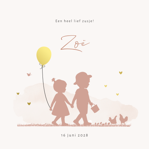 Grote broer en zusje met ballon silhouet kaartje met goudfolie