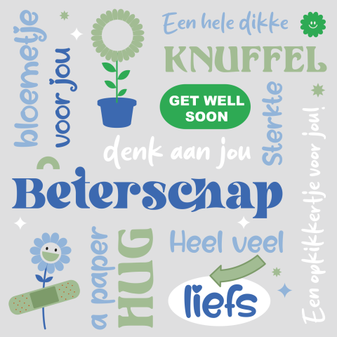 Vrolijke beterschapskaart met beterschap teksten en bloemen