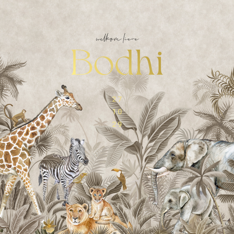 Jungle unisex geboortekaartje met jungledieren en foliedruk
