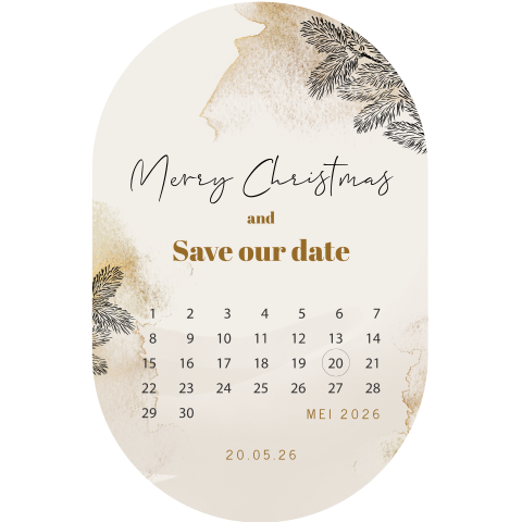 Save the date kerstkaart in een ovale vorm met aquarel en takjes