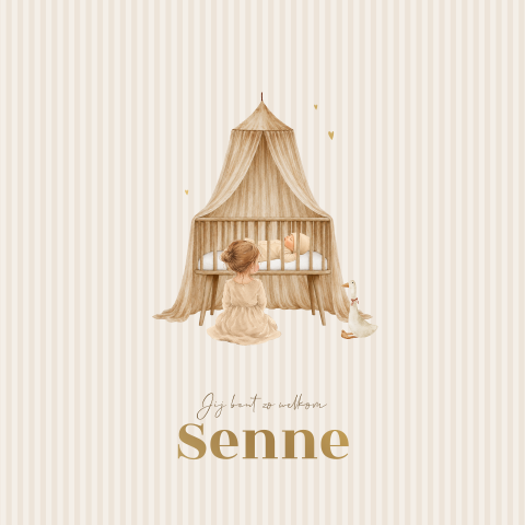 Unisex geboortekaartje met boho illustratie wieg met baby en grote zus