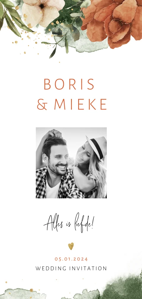 Romantische trouwkaart met foto en bloemen