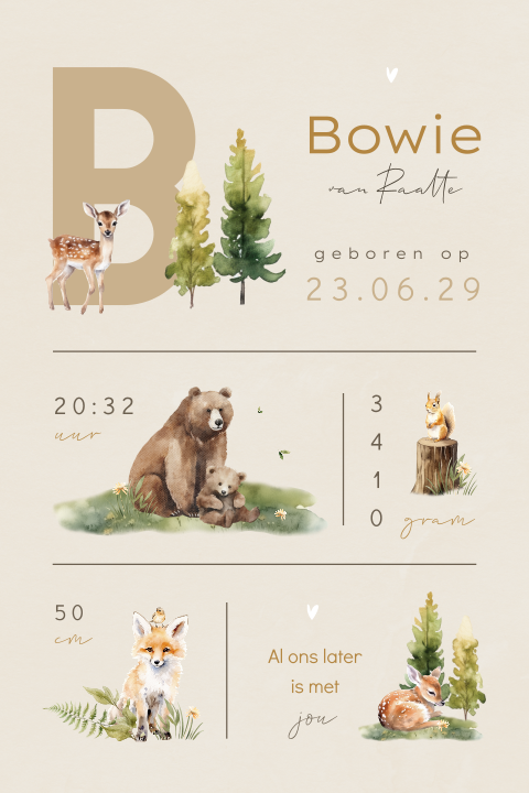 Typografisch unisex geboortekaartje met bosdieren en geboortegegevens