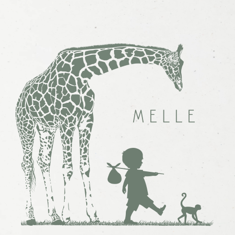 Duurzaam safari geboortekaartje met silhouet jongen, giraffe en aap