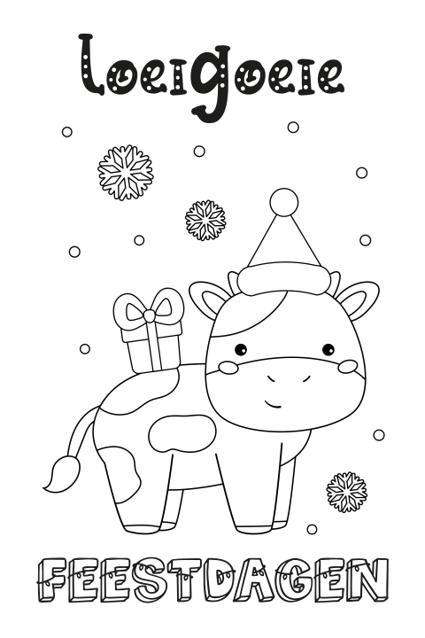 Loeigoeie koe kerstkaart voor de feestdagen zelf inkleuren