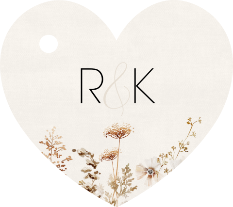 Hart labelkaartje trouwen met droogbloemen en initialen (per 16 stuks)