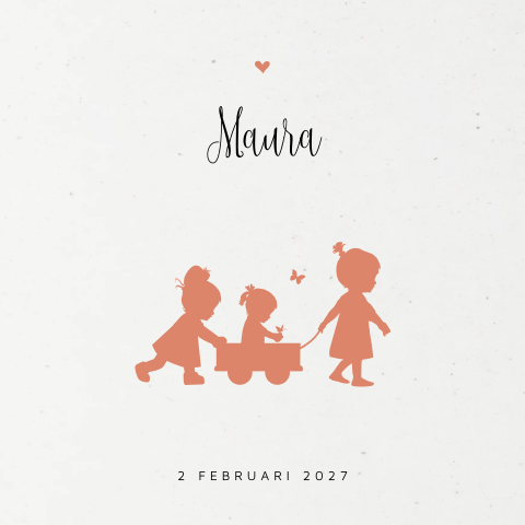 Duurzaam silhouet geboortekaartje met drie zusjes en kar