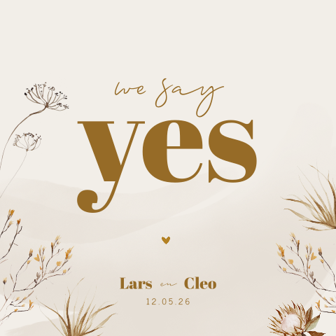 Stijlvolle trouwkaart met droogbloemen en aquarel vegen