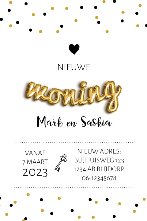 Hippe verhuiskaart met goudkleurige ballonletters