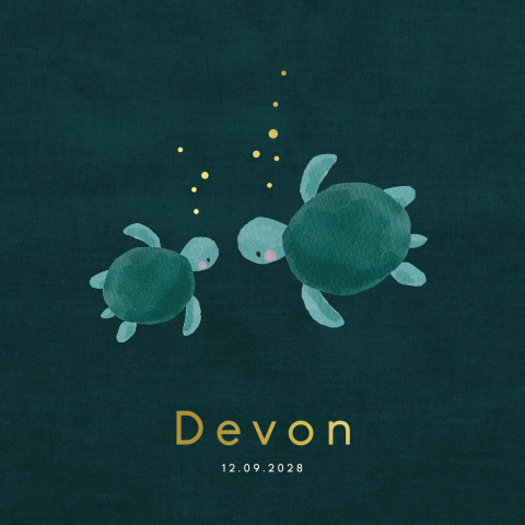 Aquarel geboortekaartje jongen met twee schildpadden onder water
