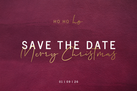 Save the Date kerstkaart met echt goudfolie en lederlook achtergrond