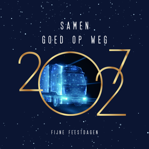 Goed op weg kerstkaart zakelijk met foto vrachtwagen en jaartal 2027