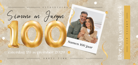 Ticket uitnodiging verjaardag samen 100 met cijfer ballon en confetti
