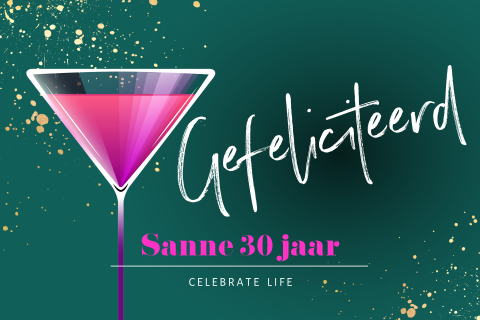 Verjaardagskaart vrouw met cocktailglas en feest spetters