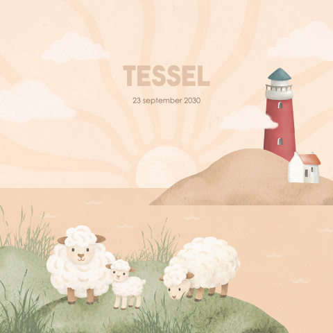 Geboortekaartje met vuurtoren, zon en schapen