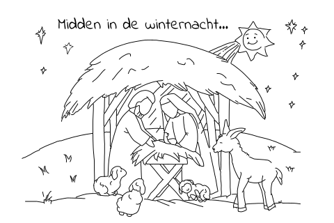 Midden in de winternacht kerstkaart zelf inkleuren