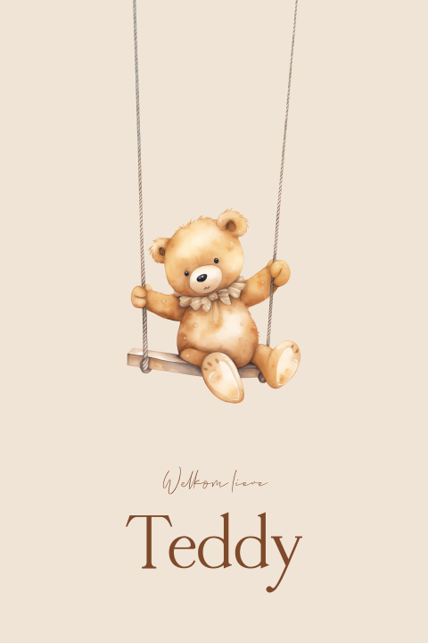 Unisex geboortekaartje met schattig beertje op een schommel