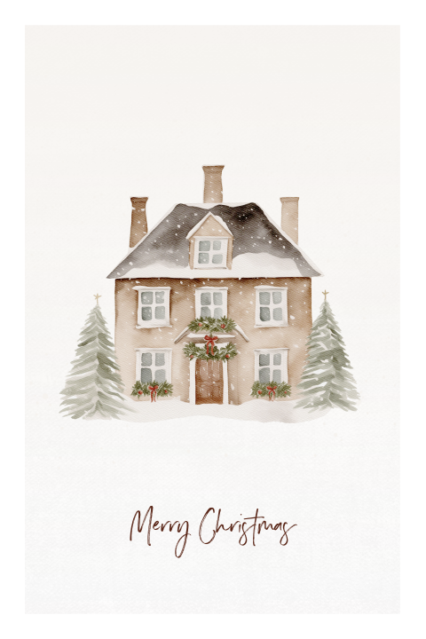 Aquarel kerstkaart met knus huis en kerstbomen