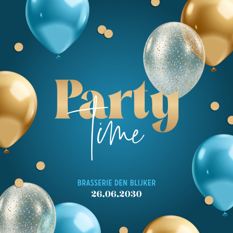 Party time uitnodiging verjaardag met ballonnen en goudlook confetti
