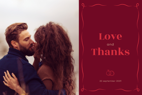Chique rode bedankkaart met trouwringen en foto