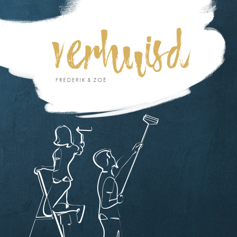 Verhuiskaart met lijntekening van partners die aan het schilderen zijn