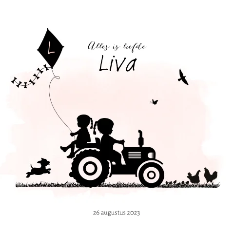 Geboortekaartje voor een zusje met tractor en vlieger