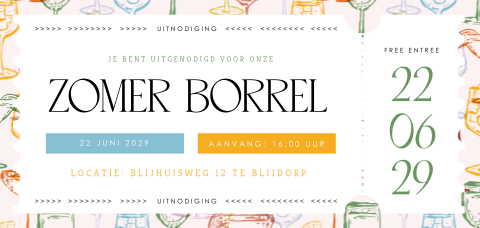 Zomerborrel uitnodiging ticket met cocktail glazen