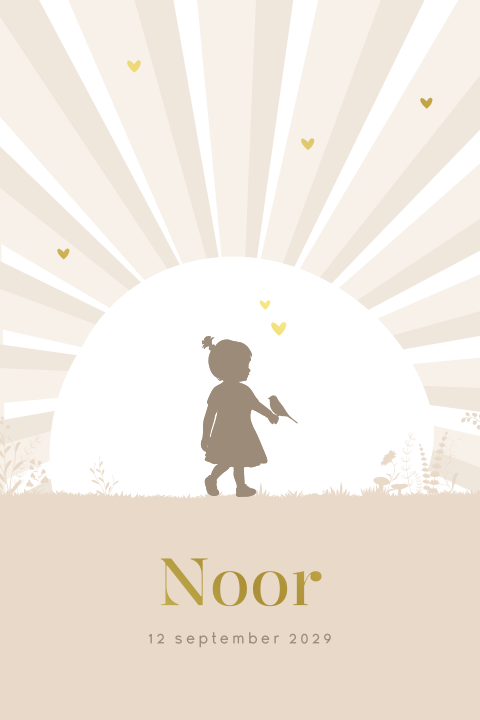 Silhouet geboortekaartje voor een meisje met een vogeltje en zon