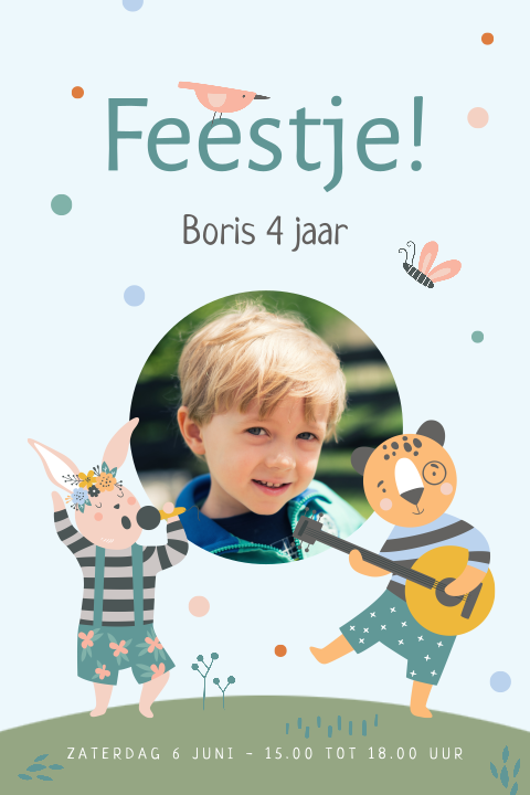 Vrolijke kinderfeestje uitnodiging met foto, dieren en muziek