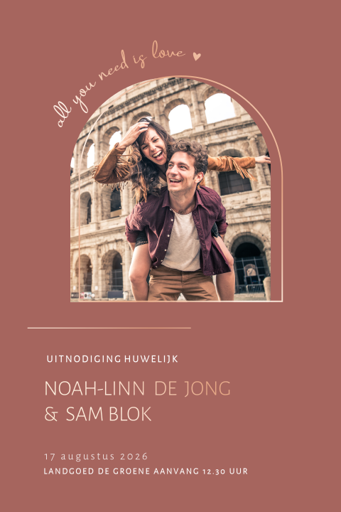 Een rustige en luxe trouwkaart met eigen foto en echt roséfolie