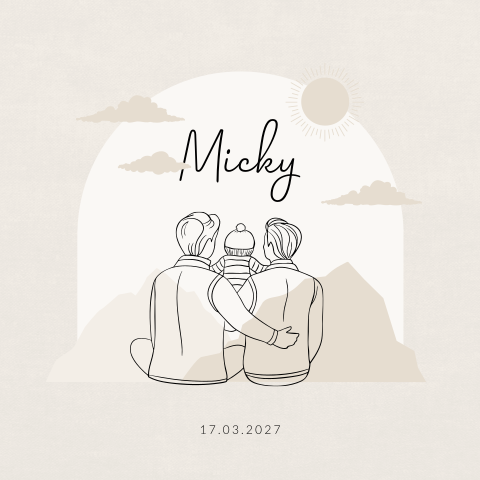 Unisex geboortekaartje berglandschap met twee mannen en baby