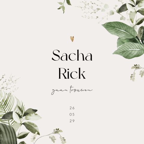 Trouwkaart met botanische bladeren en gouden hartje