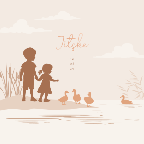 Silhouet geboortekaartje voor een zusje met grote broer en eendjes