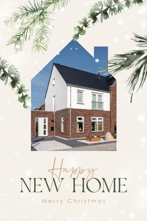 Verhuiskaart en kerstkaart in één met dennentakken, sneeuw foto huis
