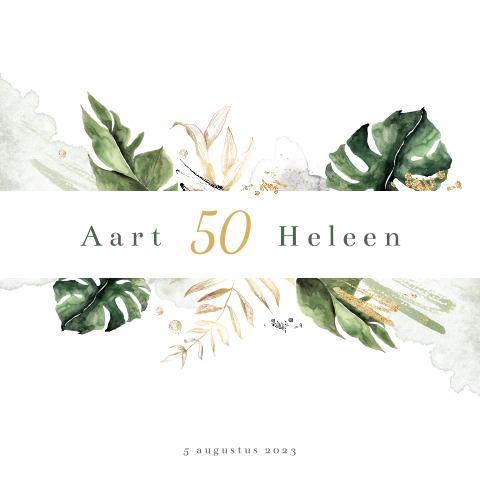 Uitnodiging jubileum 50 jaar met botanisch blad en goudtinten