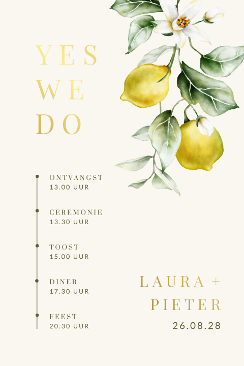 Citrus trouwkaart met tijdlijn en foliedruk