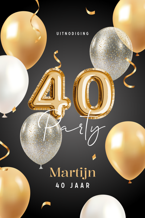 Verjaardaguitnodiging 40 jaar met ballonnen en confetti
