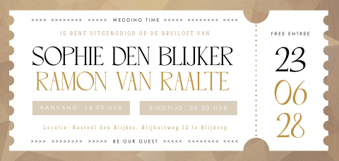 Ticket trouwkaart met geometrisch goudlook patroon