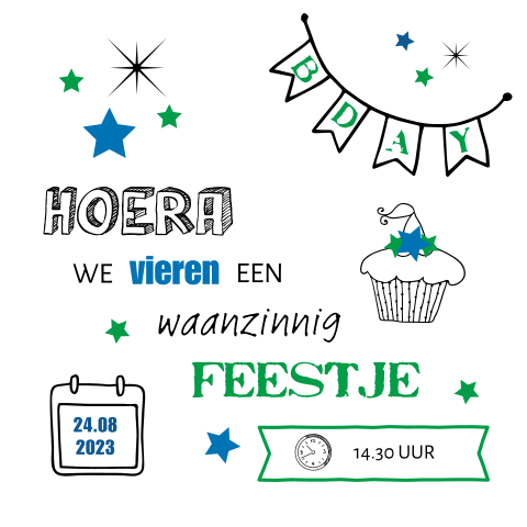 Kinderfeest uitnodiging taart en slingers
